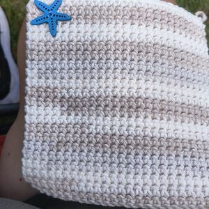 Two Hand-Crocheted Beige & Cream Nautical Pot Holders  with Blue Star Accent